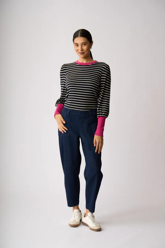 Model wearing Trupe Navy Stripe Contrast Trim Jumper By Foil Available at Beetees Nelson