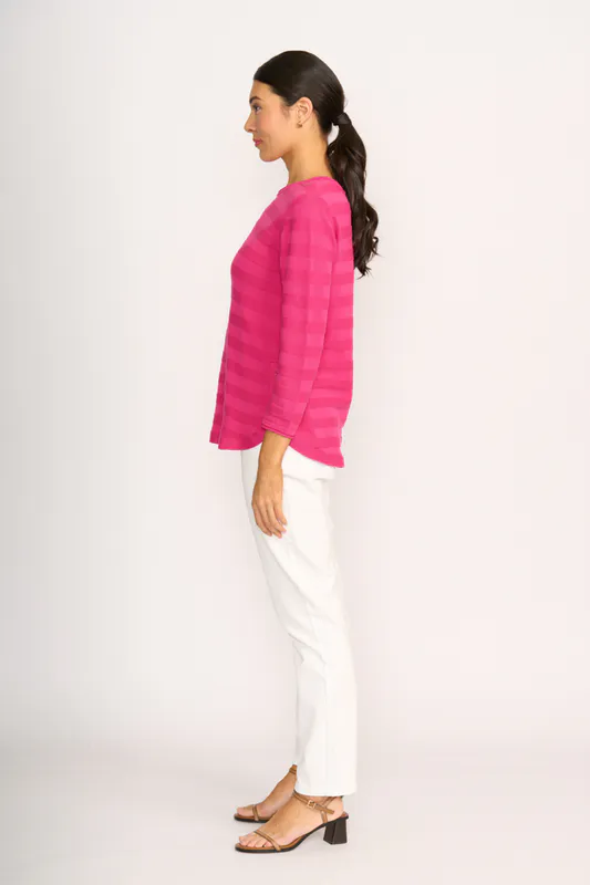 Model wearing Pink Jumper - Stripe Scoop By Foil Available at Beetees Nelson