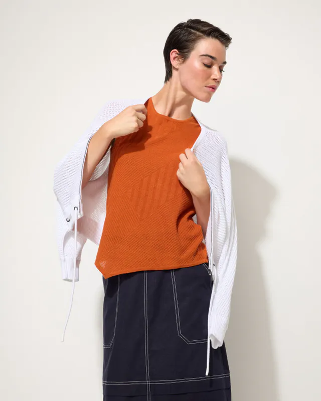 Model wearing White Open Knit Bomber By Marco Polo Available at Beetees Nelson