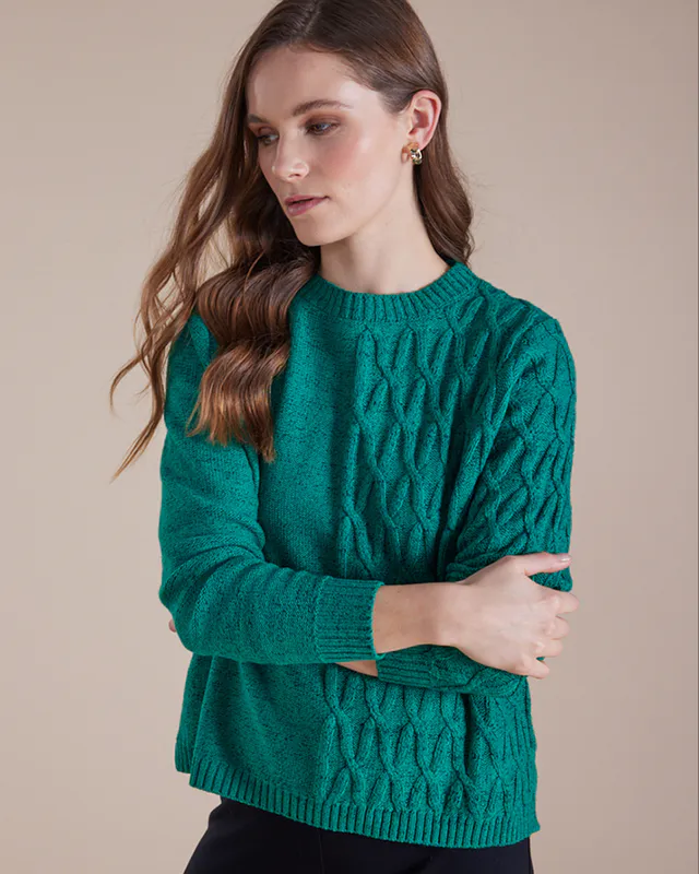 Model wearing Green Coloured Long Sleeve Cable Knit Sweater By Marco Polo Available at Beetees Nelson