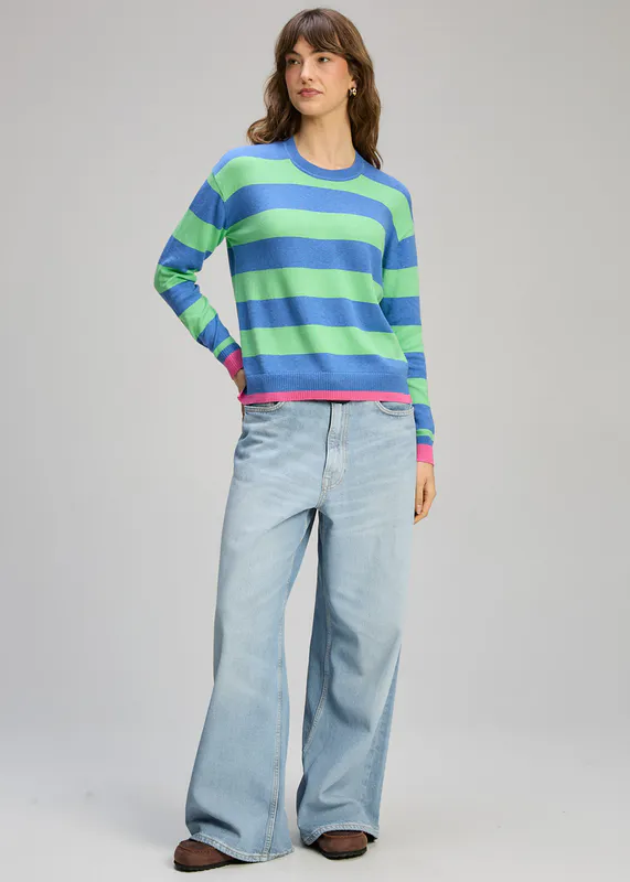 Model wearing Blueberry Stripe Clash Jumper By Zaket & Plover Available at Beetees Nelson