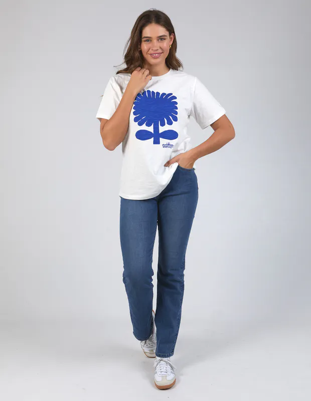 Model wearing Marshmallow Madeleine Stamper Tee By Elm Available at Beetees Nelson