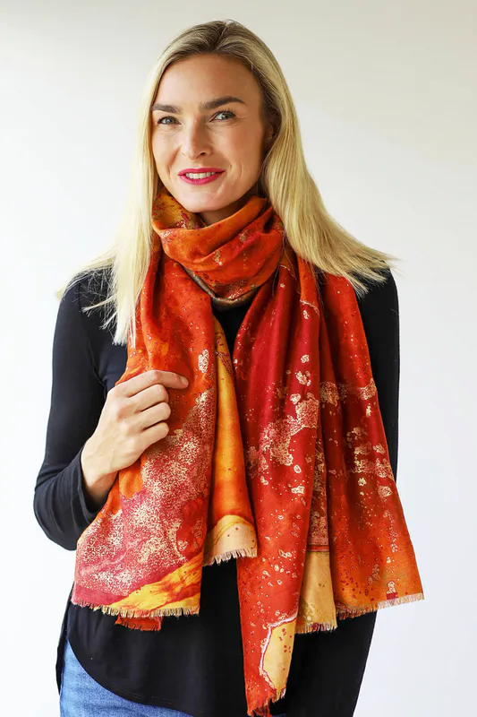 Orange Gold Foil Marble Print Scarf By Archer House Available at Beetees Nelson