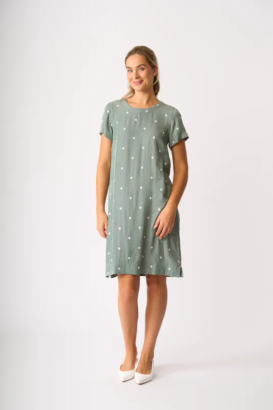 Model wearing Sage Spot On A Line Dress By Oh Three Available at Beetees Nelson