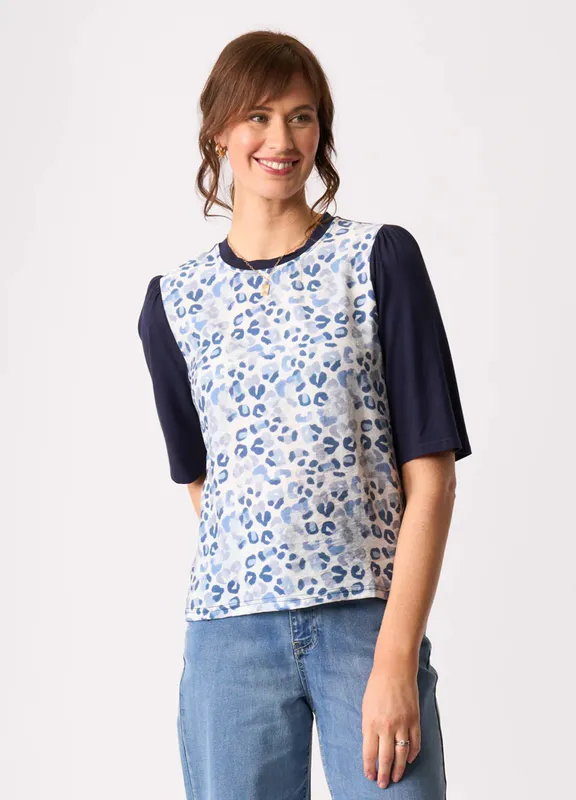 Model wearing Denim Roar Combo Elbow Sleeve Top By Memo Available at Beetees Nelson