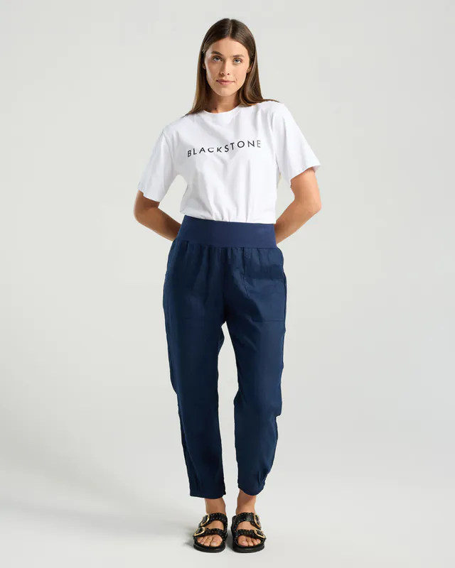 Model wearing Midnight Ink Rosalina Knit Waist Pant By Blackstone Available at Beetees Nelson