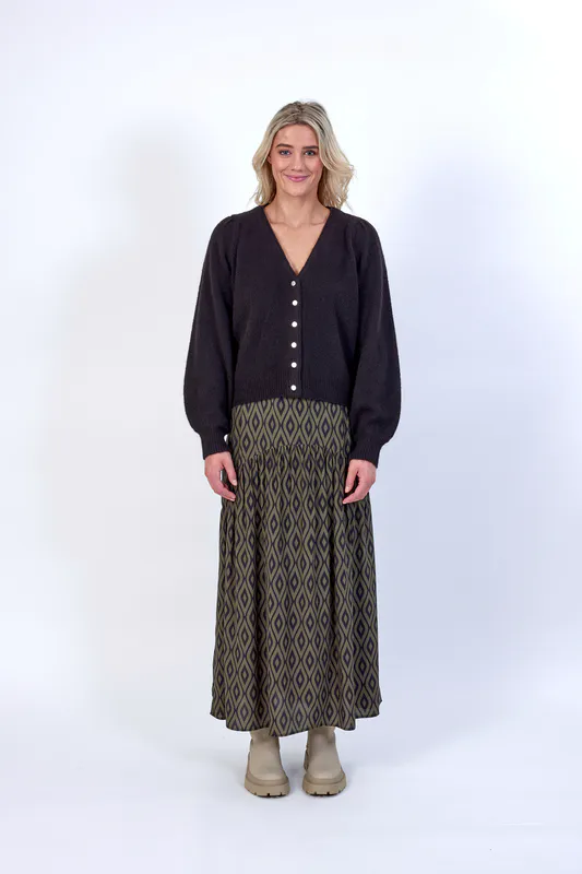 Model wearing Black Coloured Emma Cardi By Knewe Available at Beetees Nelson