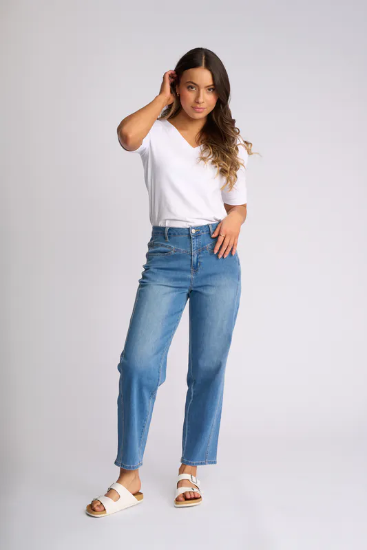 Model wearing Vintage Denim Apollo Jean By Vassalli Available at Beetees Nelson