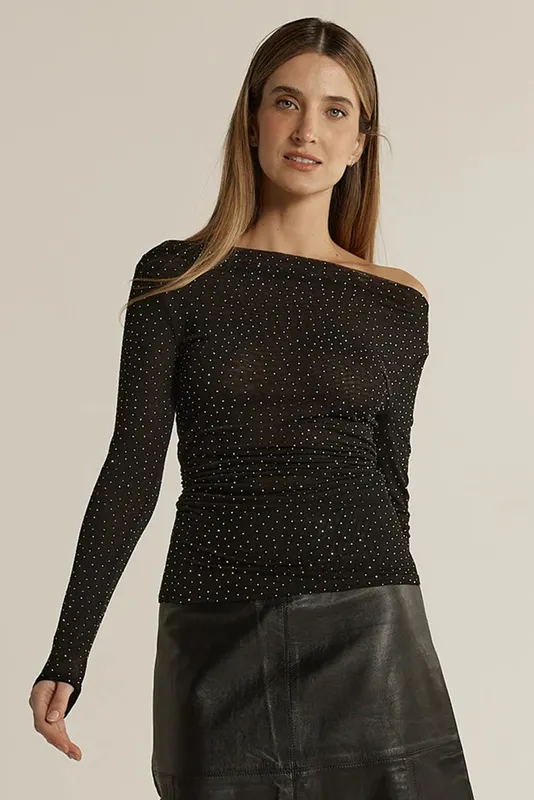 Model wearing Black Sora Studded Top By Fate & Backer Available at Beetees Nelson