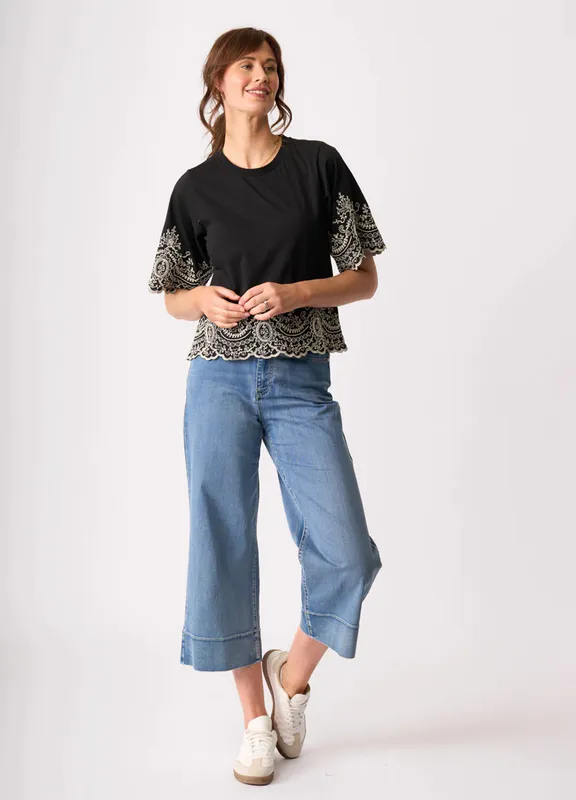 Model wearing Black Broderie Detail Top By Memo Available at Beetees Nelson