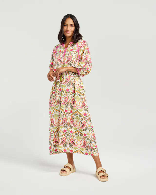 Model wearing Multi (Spice Market) Soleil Dress By NMBR Rose Available at Beetees Nelson