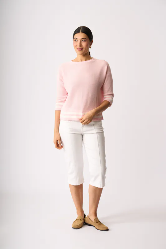 Model wearing Blush Contrast Rib Jumper By Oh Three Available at Beetees Nelson