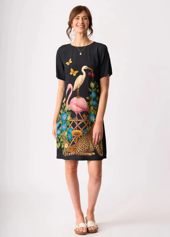Model wearing Wonderland Shifty Fun Dress By Foil Available at Beetees Nelson