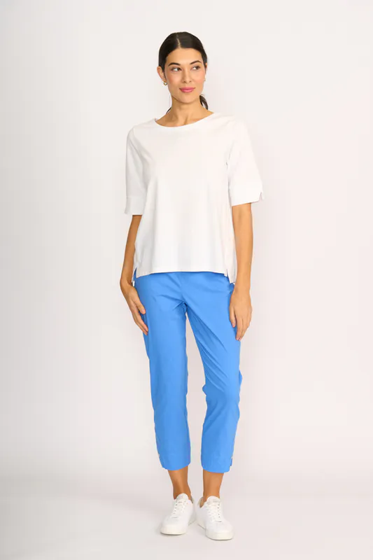 Model wearing White Tee - Wide Neck, Elbow Sleeve By Esplanade Available at Beetees Nelson