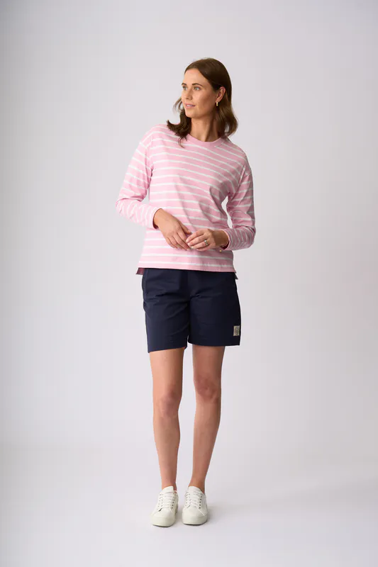 Model wearing Rose White Stripe Stewart Sweater By Charlie Jane Available at Beetees Nelson