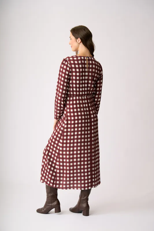 Model wearing Cocoa Check Gathered Detail Maxi Dress By Foil Available at Beetees Nelson