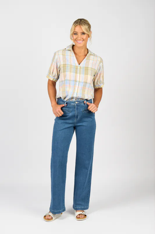 Model wearing Blue Hue Wide Leg Full Length Jean By Vassalli Available at Beetees Nelson