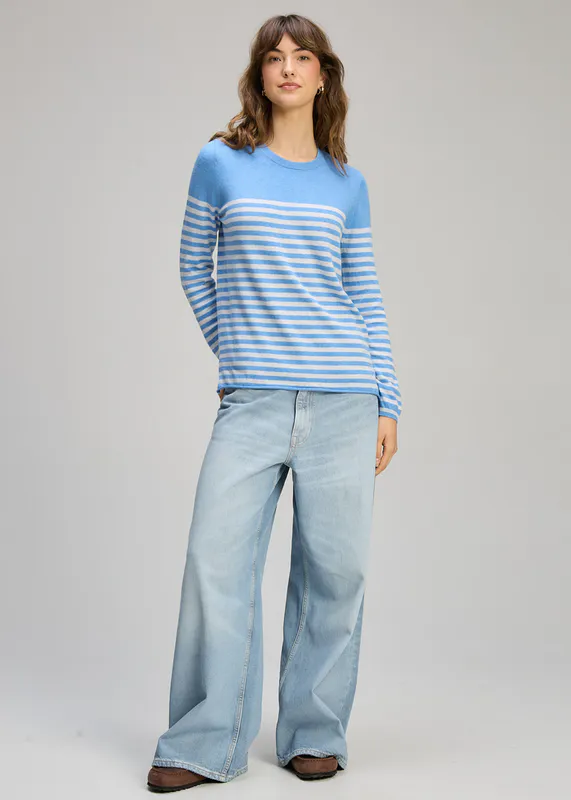 Model wearing Blueberry Detail Stripe Crew By Zaket & Plover Available at Beetees Nelson