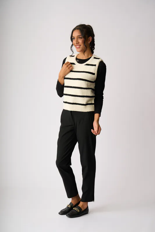 Model wearing Otameal (Black) Contrast Cable Knit Vest By Oh Three Available at Beetees Nelson