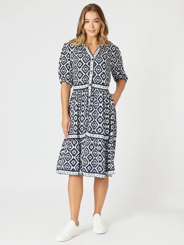 Model wearing Navy/White Diamonds are Forever Tier Dress By Threadz Available at Beetees Nelson