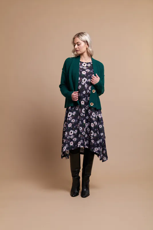 Model wearing Ocean Coloured Cardigan - COsy Up By Foil Available at Beetees Nelson