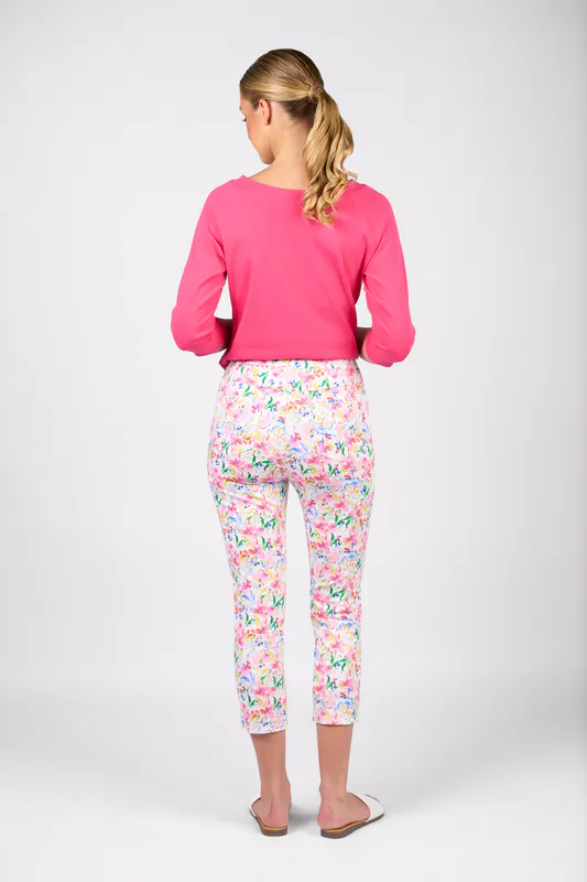 Model wearing Porto Printed Slim Leg 7/8 Length Lightweight Pull On By Vassalli Available at Beetees Nelson