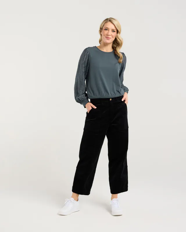 Model wearing Sharkskin Mix Hudson Crinkle Sleeve Top By Blackstone Available at Beetees Nelson