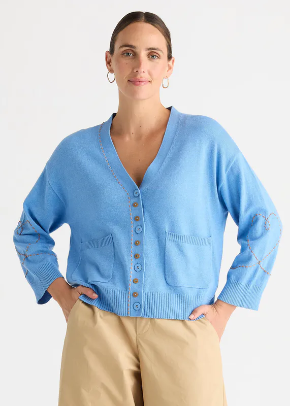 Model wearing Bluebell Sweet Heart Cardi By Zaket & Plover Available at Beetees Nelson