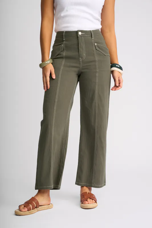Model wearing Olive Shade Pant By Knewe Available at Beetees Nelson