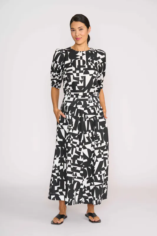 Model wearing Abstract Top - Swing, Volume Sleeve By Foil Available at Beetees Nelson