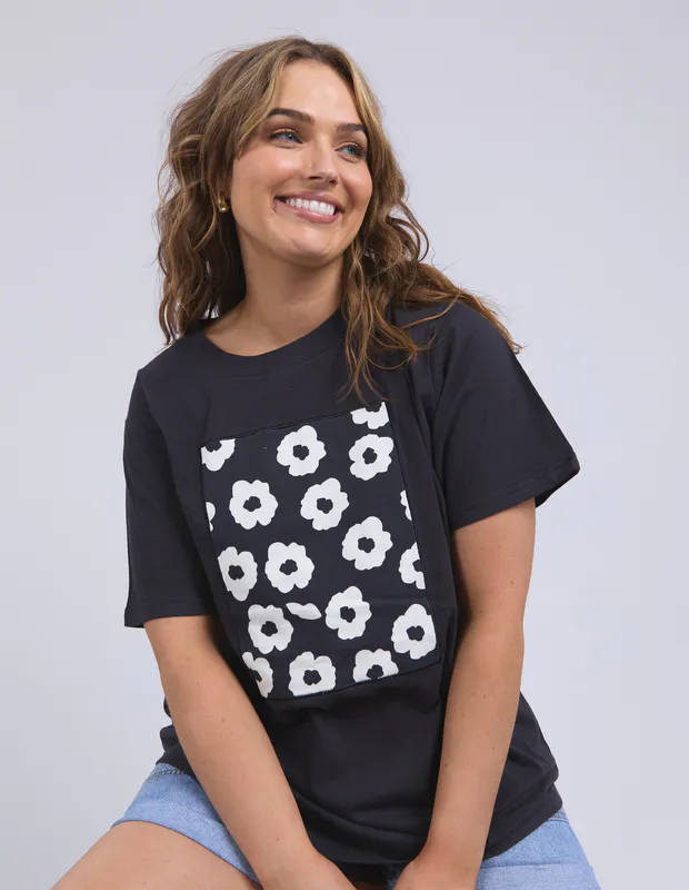 Model wearing Navy Azalea Tee By Elm Available at Beetees Nelson