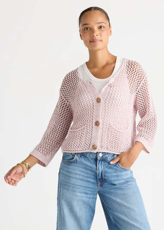 Model wearing Rose Colour Mix Cardi By LD + CO Available at Beetees Nelson