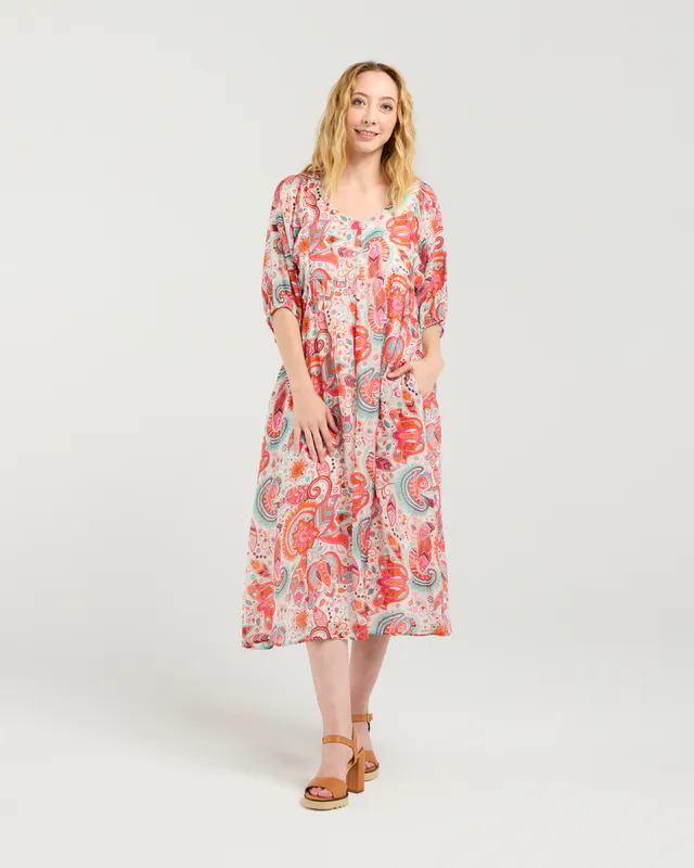 Model wearing Summer Foliage Linda Dress By Seduce Available at Beetees Nelson