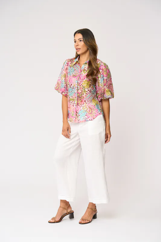 Model wearing Bohemia Bubble Trouble Blouse By Foil Available at Beetees Nelson
