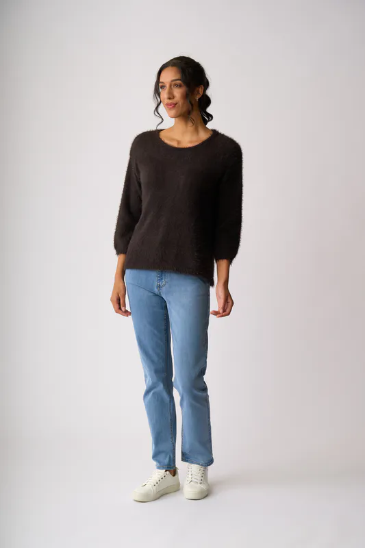 Model wearing Chocolate Boxy High Low Jumper By Foil Available at Beetees Nelson