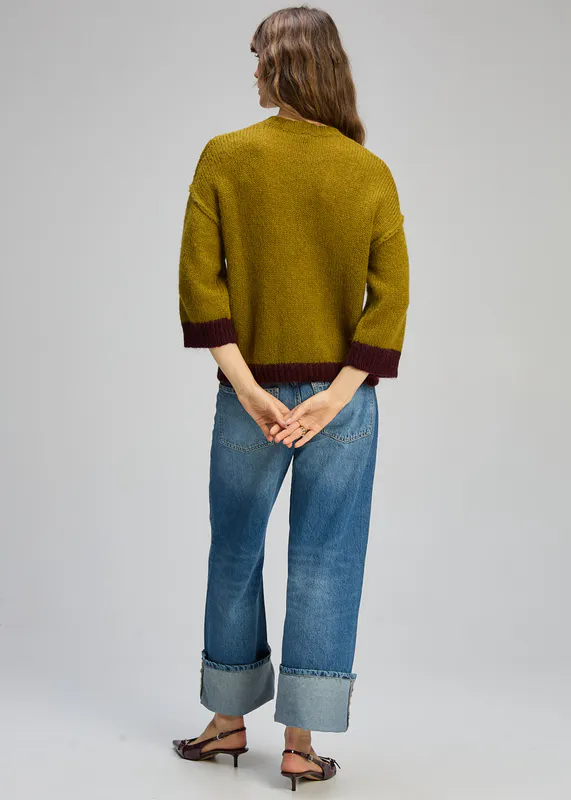 Model wearing Chartreuse Kid Mohair Cardi By Zaket & Plover Available at Beetees Nelson