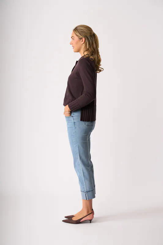 Model wearing Chocolate Best Feature Cardigan By Foil Available at Beetees Nelson