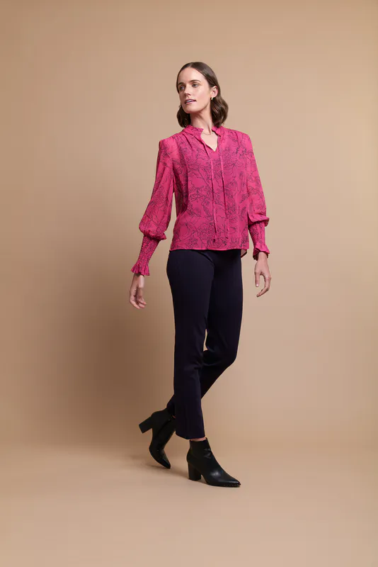 Model wearing Pink Silhouette Coloured Blouse - Shirred, Tie Front By Memo Available at Beetees Nelson