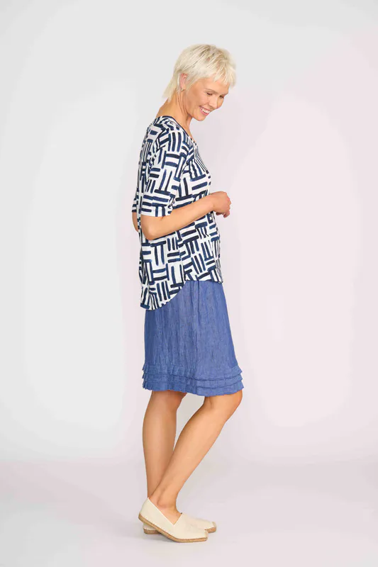 Model wearing Denim Skirt- Pleat Dreams By Foil Available at Beetees Nelson