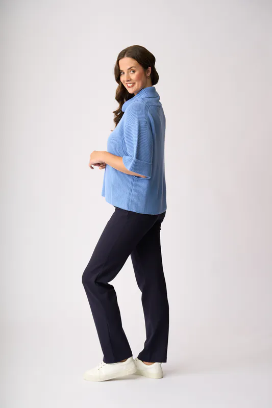 Model wearing Light Blue Cowl Neck Rib Jumper By Foil Available at Beetees Nelson