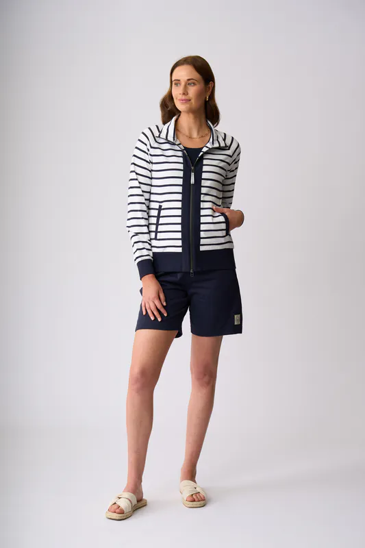 Model wearing White Navy Stripe Featherson Zip Sweater By Charlie Jane Available at Beetees Nelson