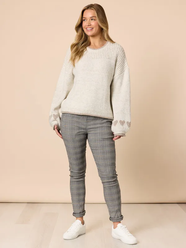 Model wearing Ivory Chic Heart Knit By Threadz AVailable at Beetees Nelson