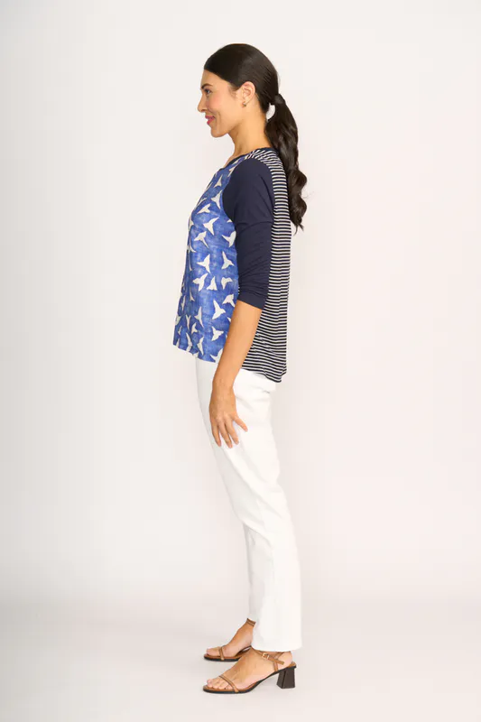 Model wearing Flock of Birds Top - Relaxed Fit, Contrast Front By Memo Available at Beetees Nelson