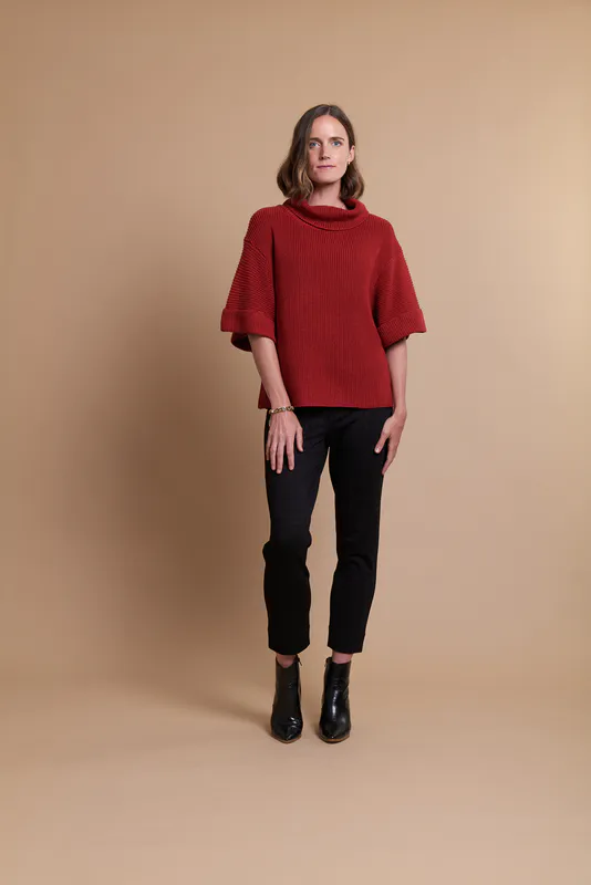 Model wearing Auburn Coloured Jumper - Cowl Neck Rib By Foil Available at Beetees Nelson