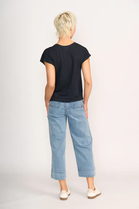 Model wearing True Navy Do The Twist Top By Foil Available at Beetees Nelson