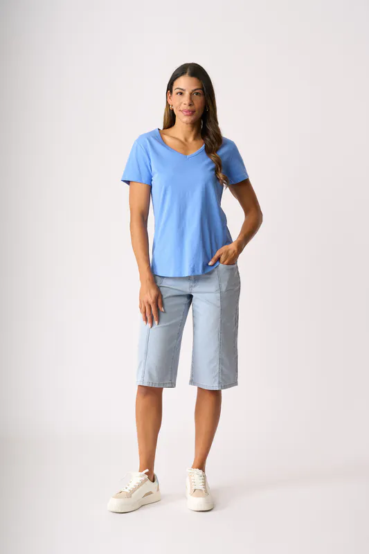 Model wearing Light Denim Denim Panel Shorts By Memo Available at Beetees Nelson