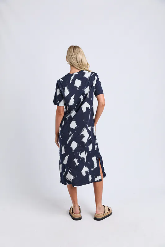Model wearing Navy Klee Tee Dress By Elm Available at Beetees Nelson