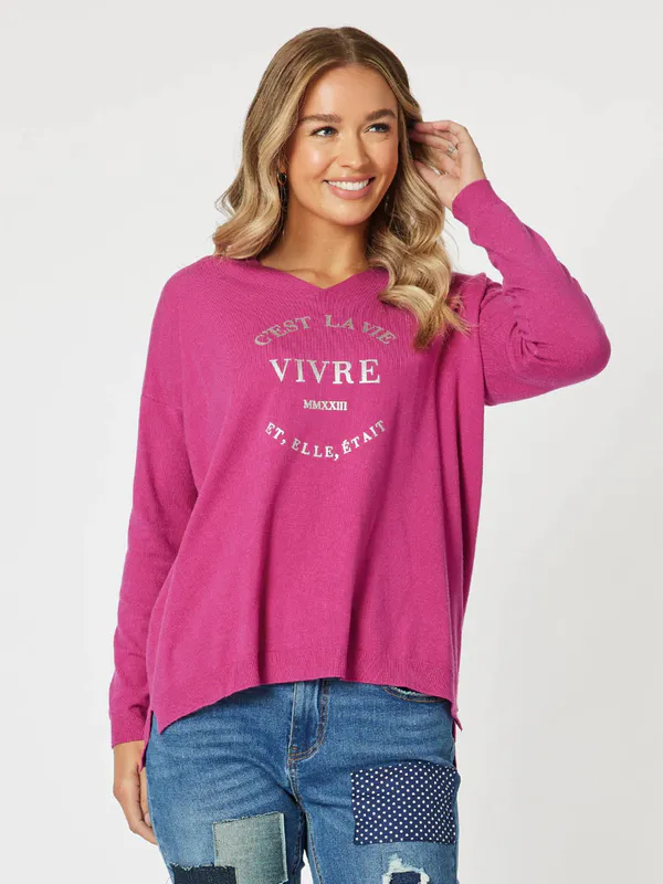Model wearing Fushia Coloured Cest La Vie Sweat By Threadz Available at Beetees Nelson