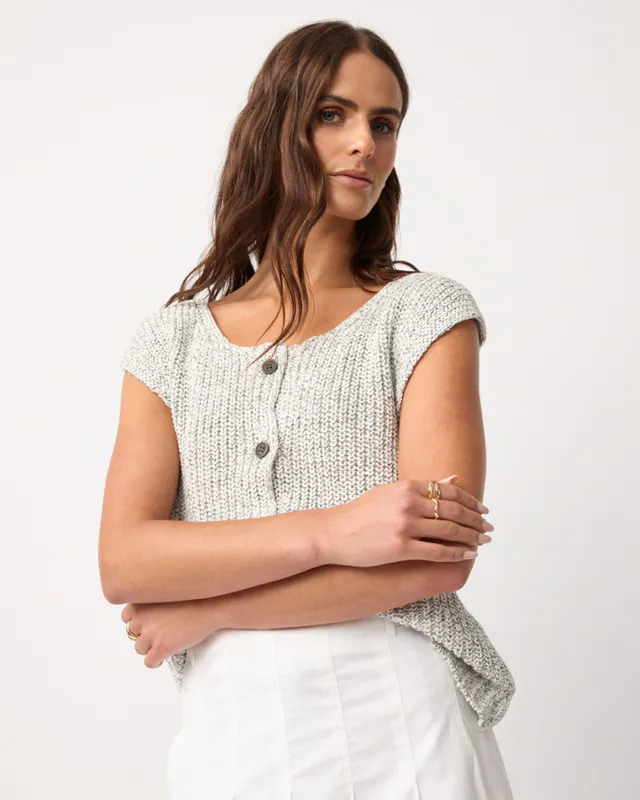 Model wearing Tait Knit Vest By Yarra Trail Available at Beetees Nelson