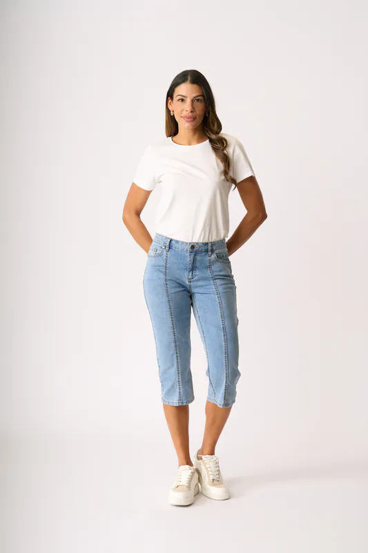 Model wearing Denim Capri Denim Capri By Memo Available at Beetees Nelson